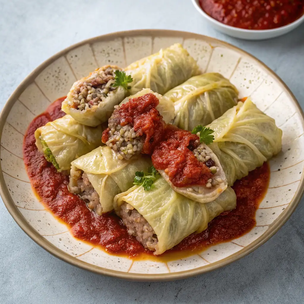 A plate of gołąbki, cabbage rolls filled with meat and rice, simmered in tomato sauce.