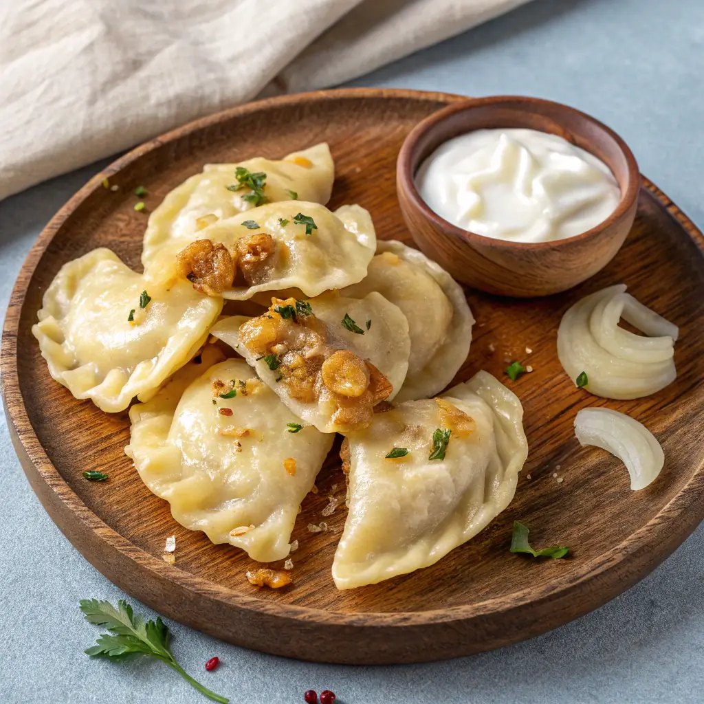 A plate of placki ziemniaczane, potato pancakes, served with sour cream and apple sauce.