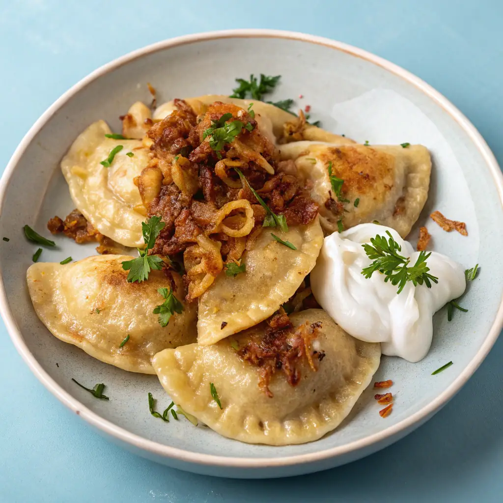 A plate of pierogi with various fillings, garnished with fried onions and sour cream, presented on a dark wooden table.